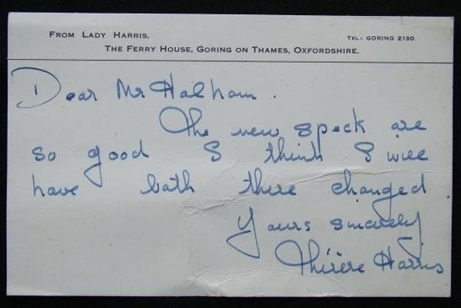 Handwritten, Signed Note From Lady Harris
