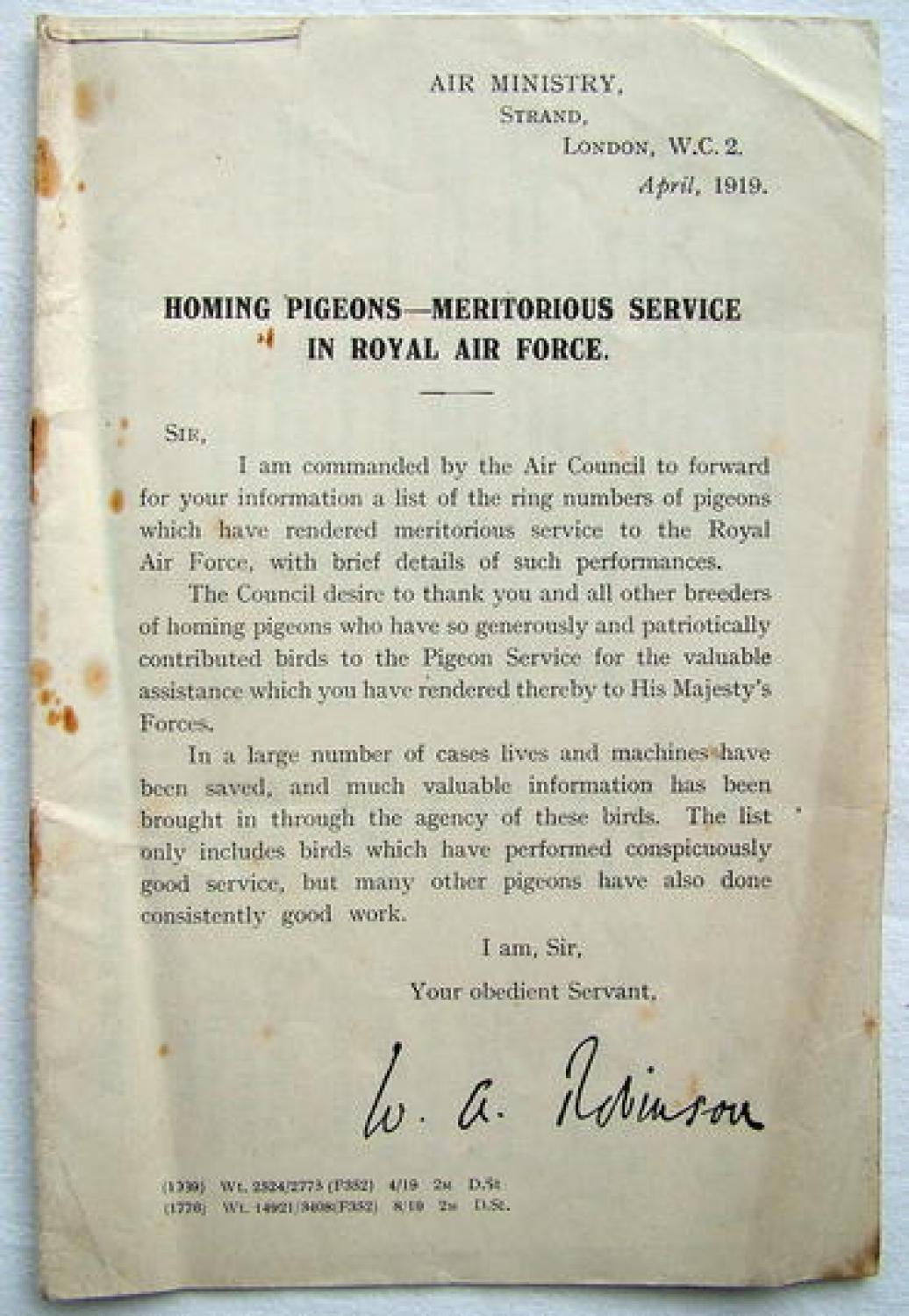 A.M. Booklet : Homing Pigeons, Meritous Service