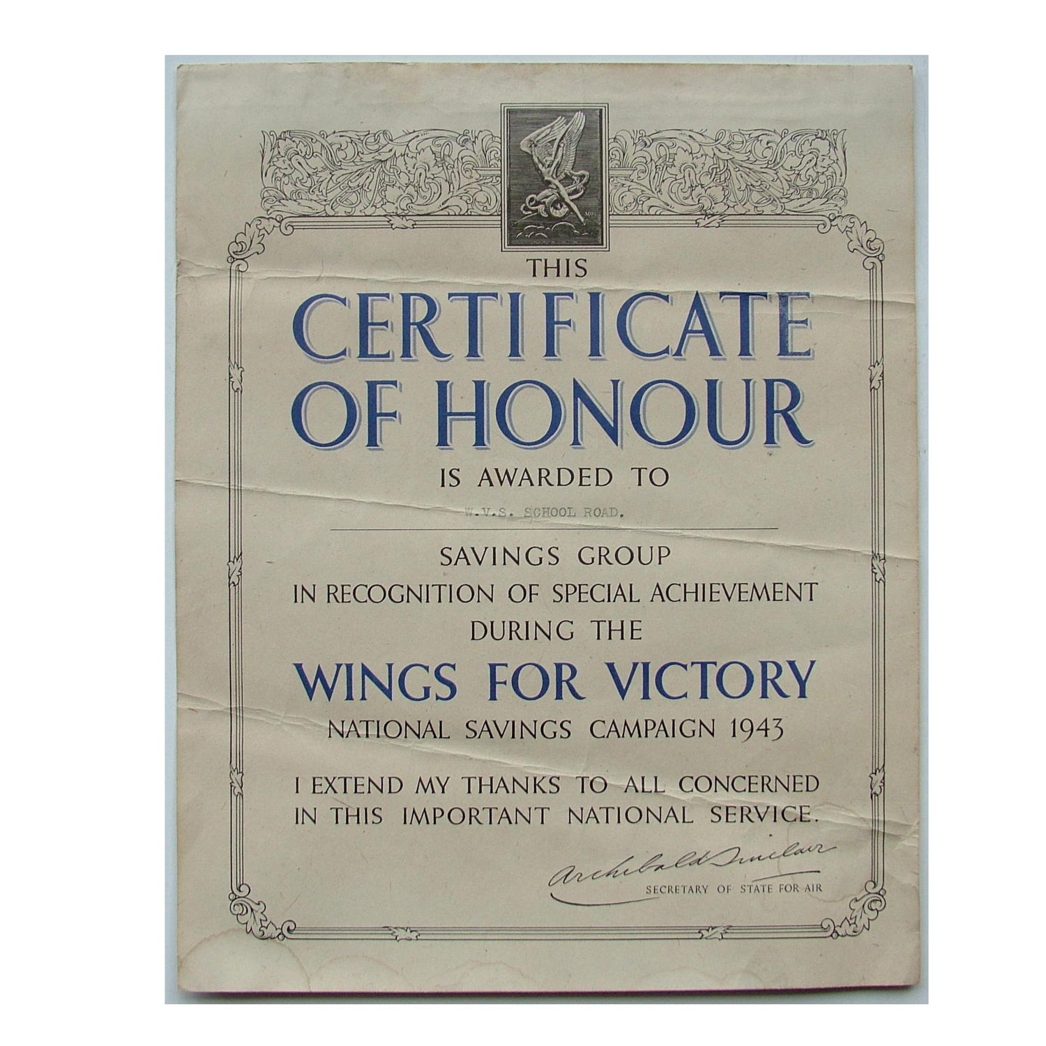 Wings for Victory certificate, 1943