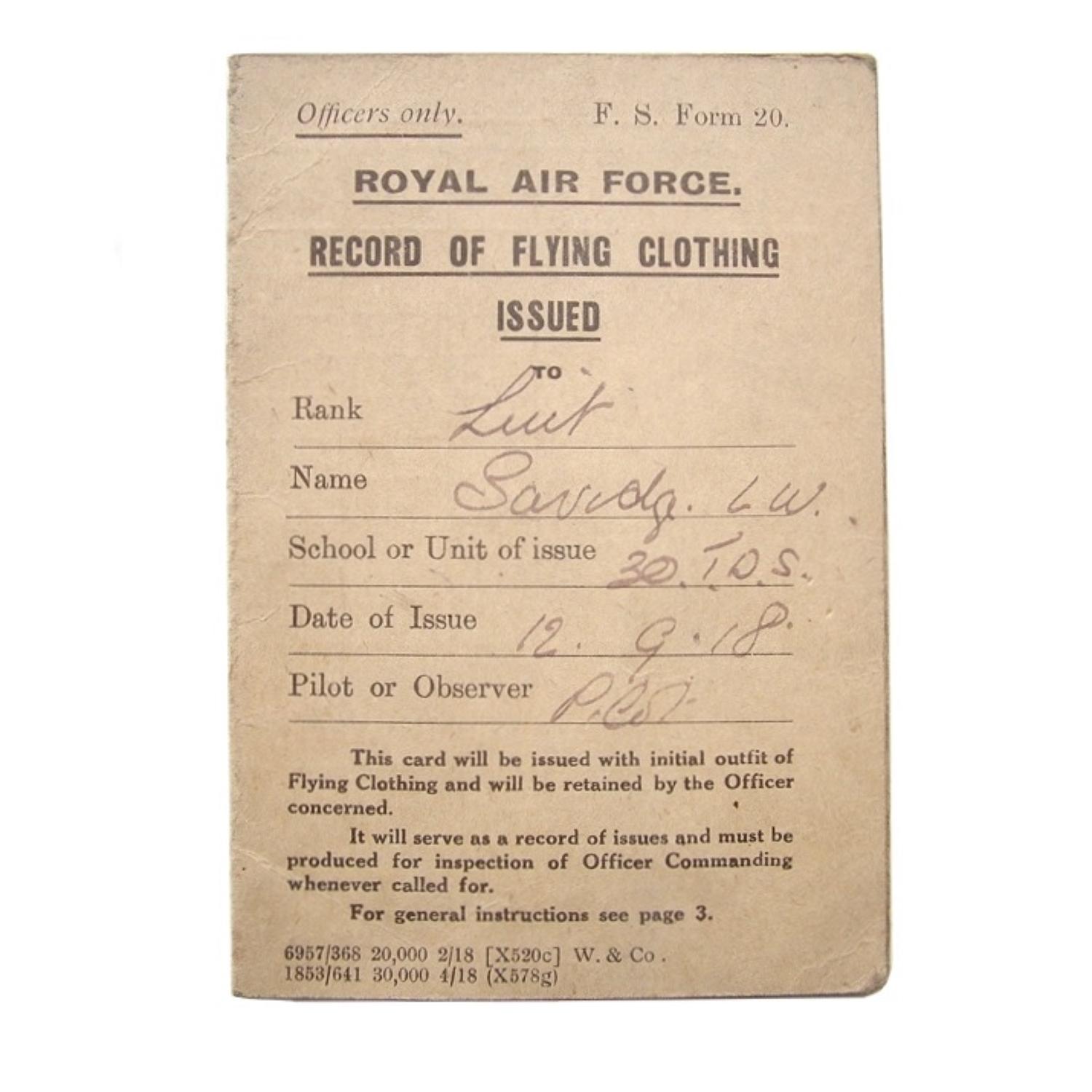 RAF flying clothing card c.1918