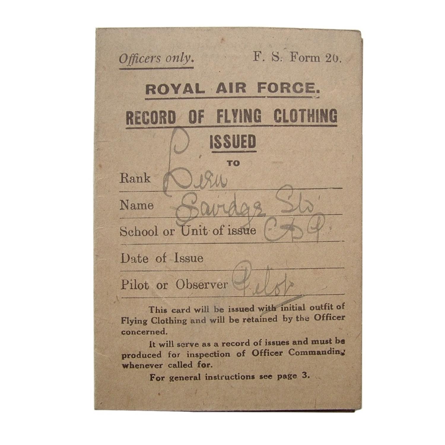 RAF flying clothing card c.1918