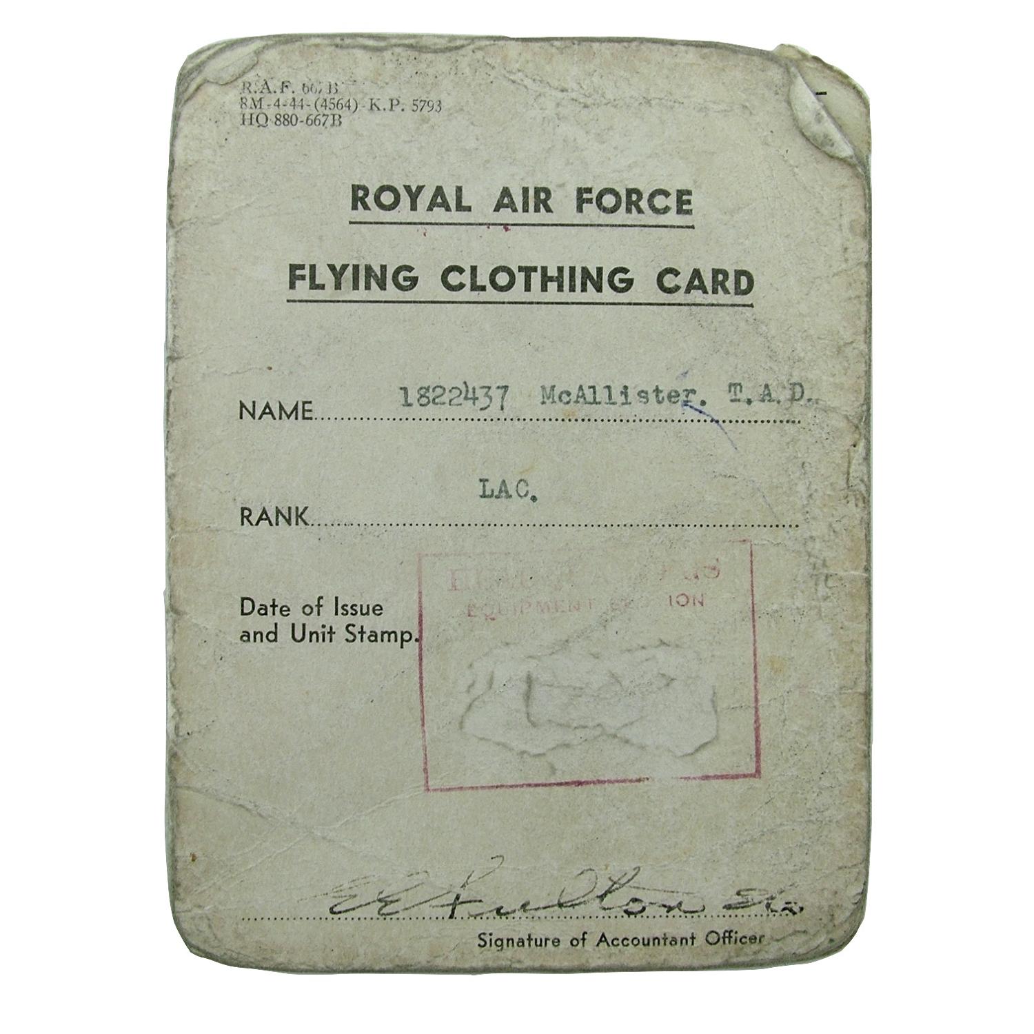 RAF flying clothing card