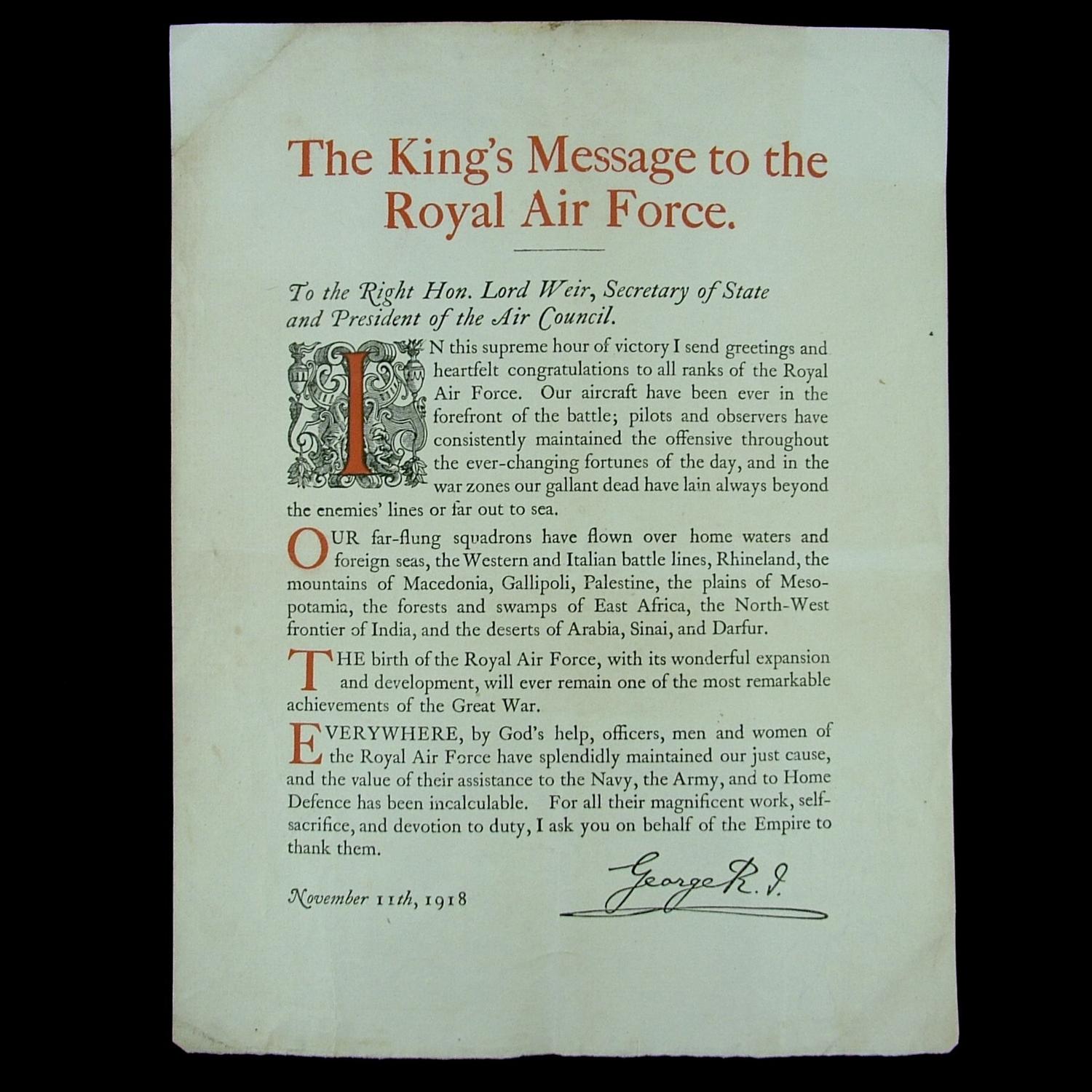King's Armistice Day message to the RAF, 1918