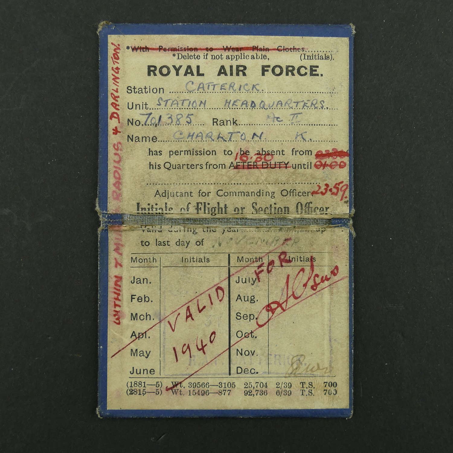 RAF Permanent Pass, 1940