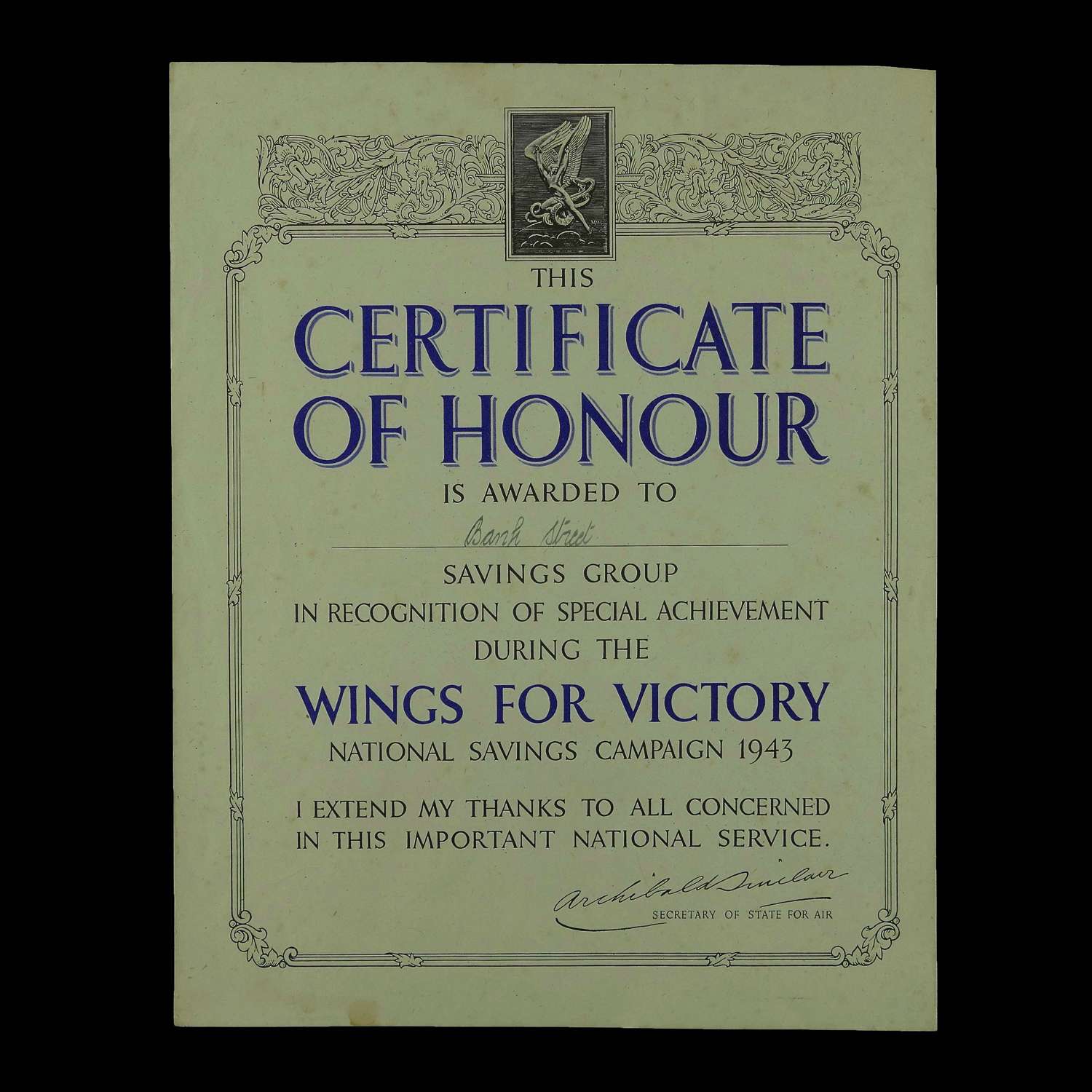 Wings for Victory certificate, 1943