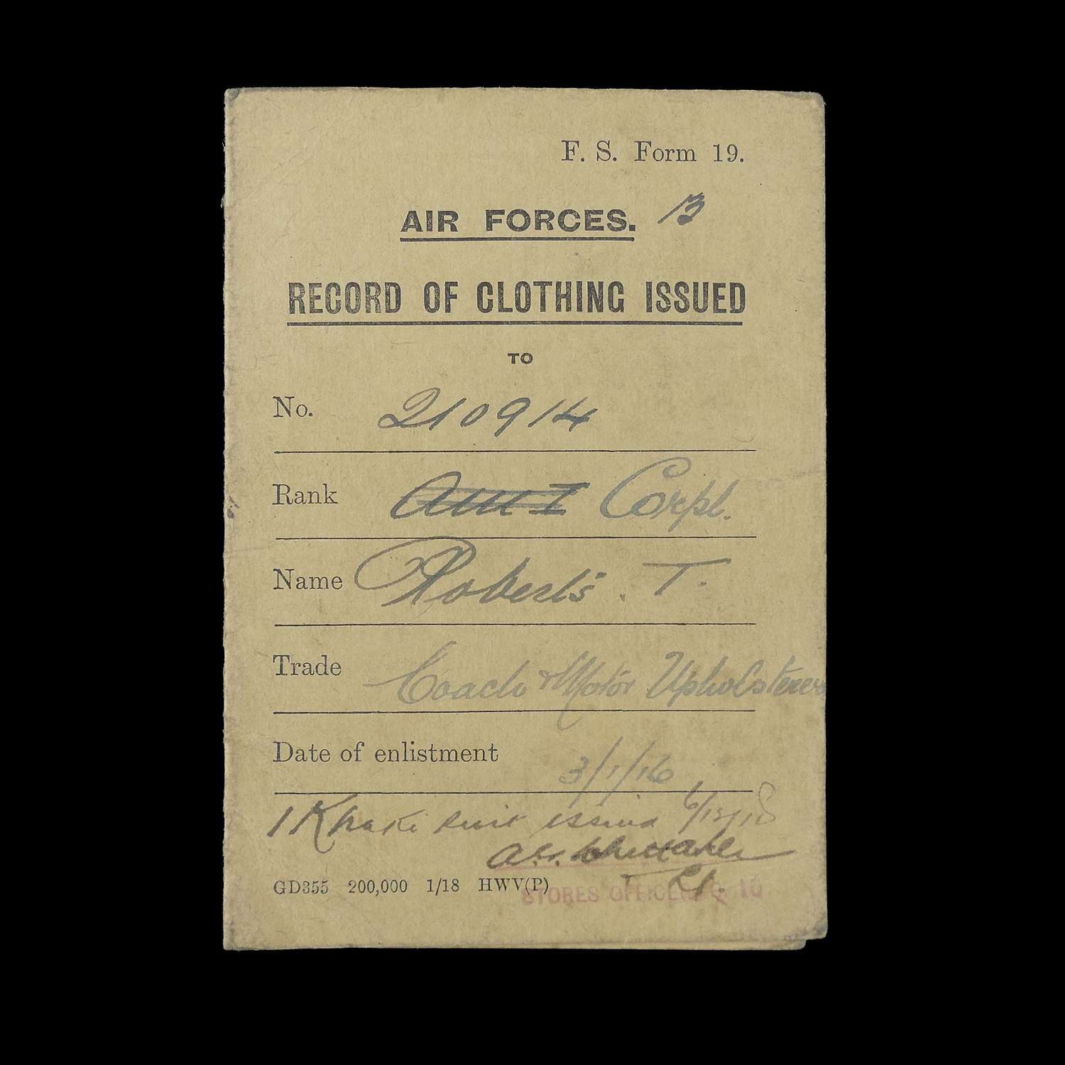 Air Forces Clothing Card c. 1918