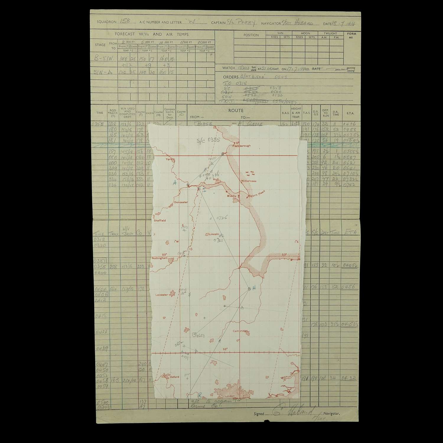 RAF 158 Squadron navigator's raid log/chart - Caen
