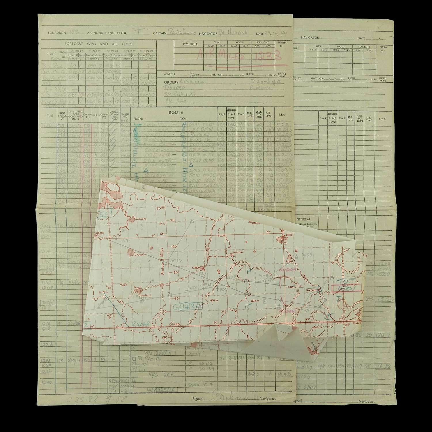 RAF 158 Squadron Navigator's raid log and chart, Koblenz