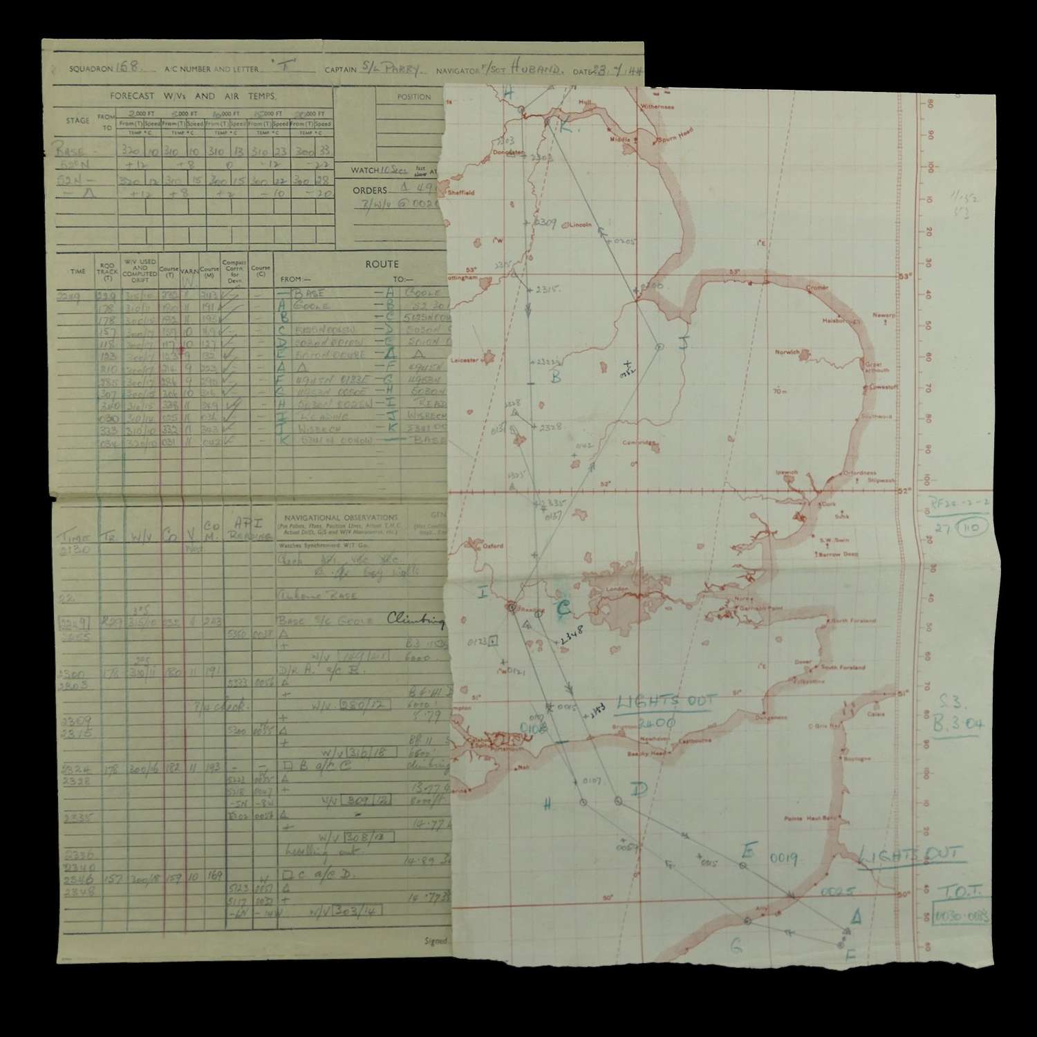 RAF 158 Squadron navigator's raid log/chart - France
