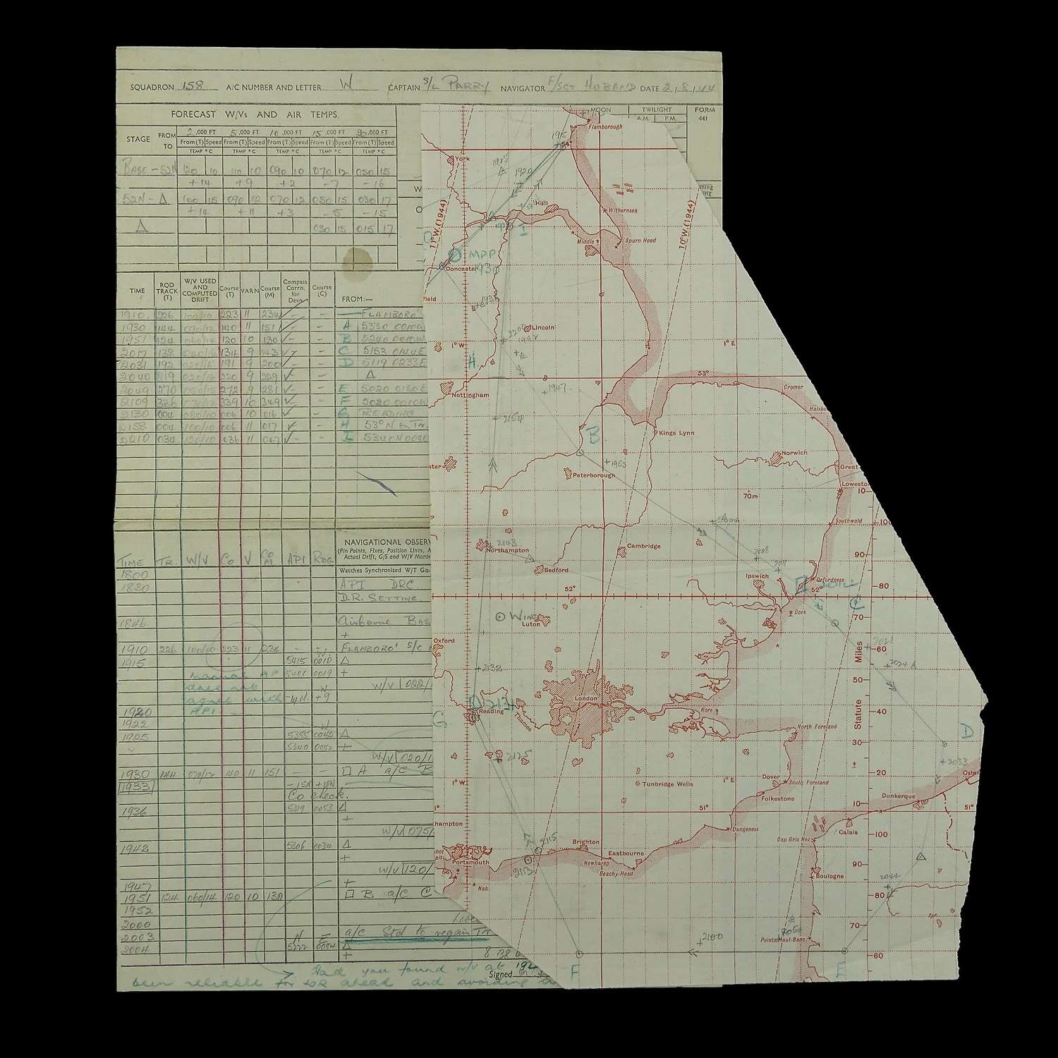 RAF 158 Squadron navigator's raid log/chart - L'Hey