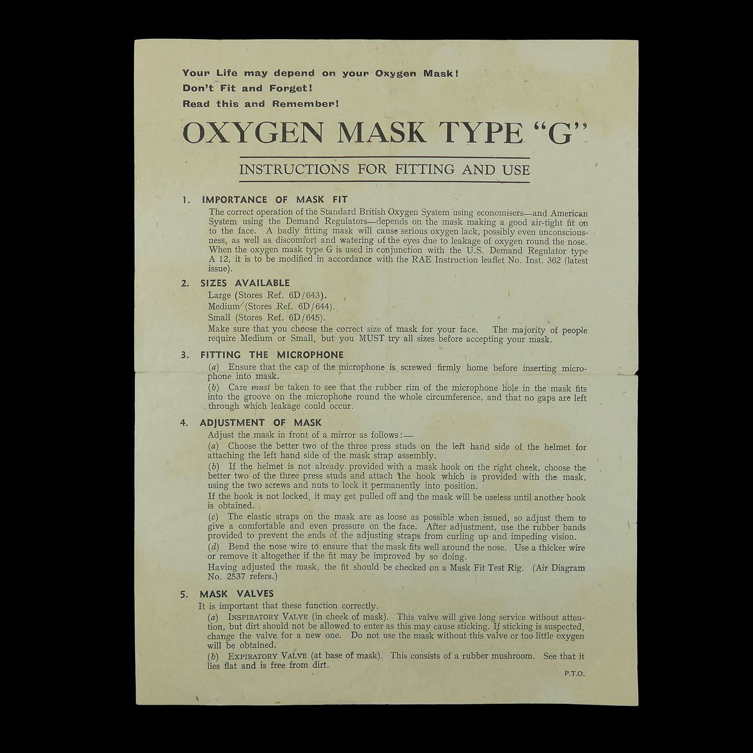 RAF G-type oxygen mask instruction sheet