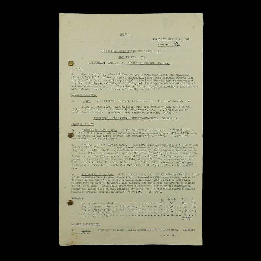 RAF Bomber Command raid report - French coast & Hannover