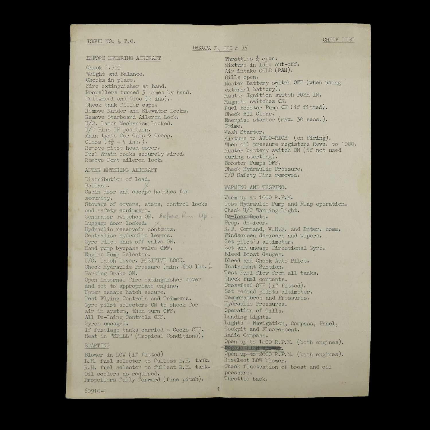 RAF Dakota I, III & IV check list, c1946