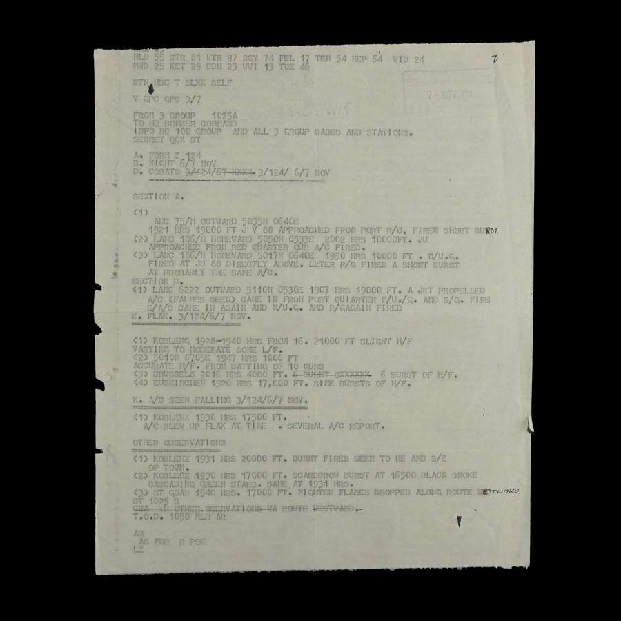 RAF 3 Group - Secret teleprinter regarding Ops, 1944