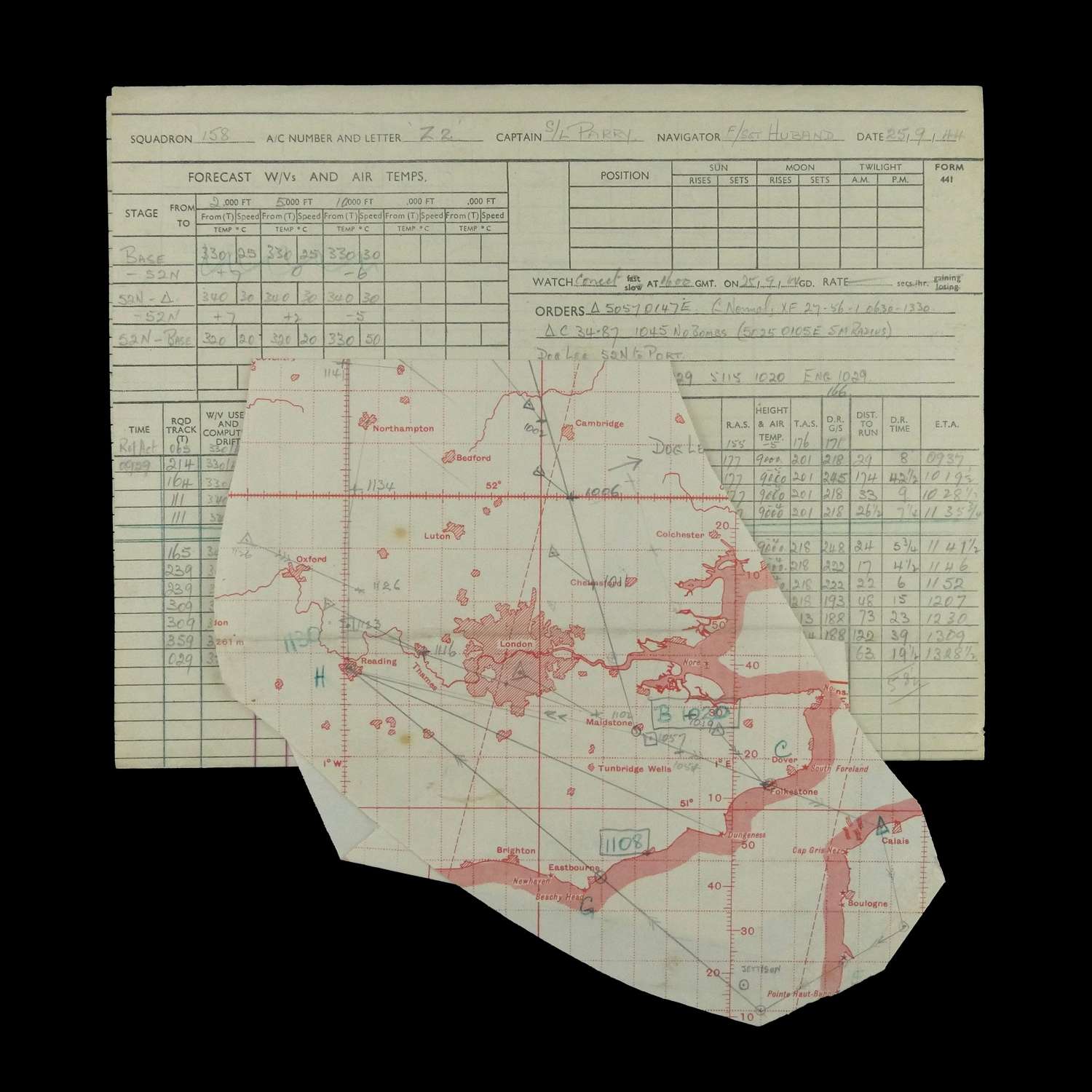 RAF 158 Squadron Navigator's raid chart - Calais