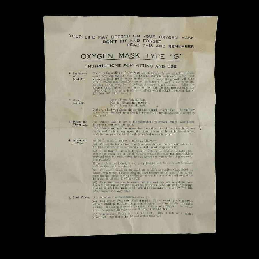 RAF G-type oxygen mask instruction sheet